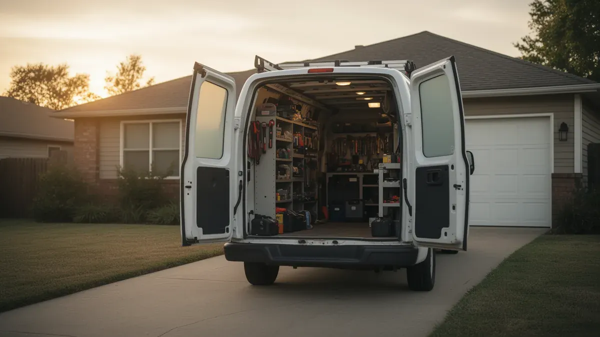 A white service van with its rear doors open showing shelves of tools, parked in a suburban driveway at golden hour