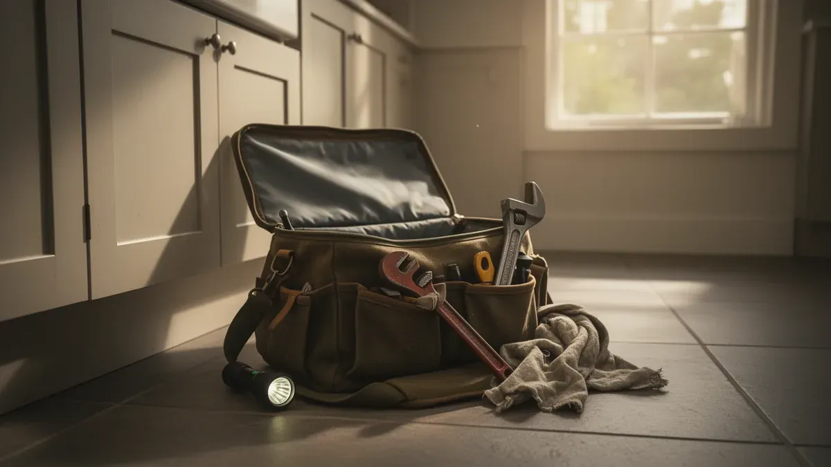 An open canvas tool bag on a kitchen floor beside a sink cabinet, with a flashlight, pipe wrench and rag
