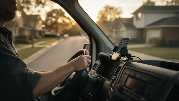 A technician's hand on the steering wheel of a work van with a phone in a dash mount, suburban street ahead