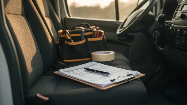 A job ticket clipped to a clipboard on a van's passenger seat with a pen, tool bag and roll of tape beside it