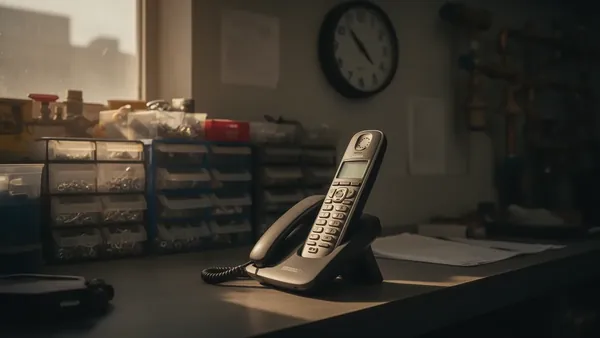 A cordless office phone resting in its cradle on a plumbing-shop counter with parts bins behind it