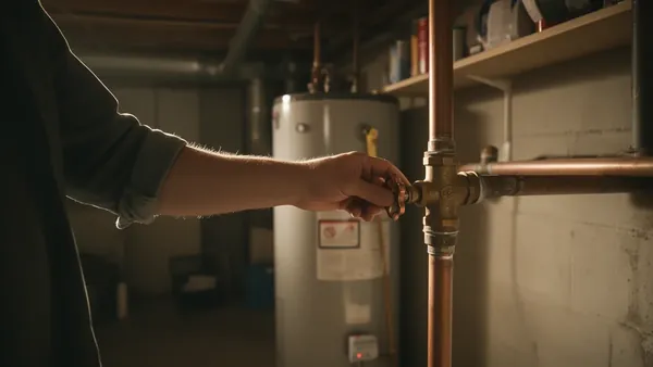 A hand turning the main water shutoff valve on a copper pipe in a basement next to a water heater