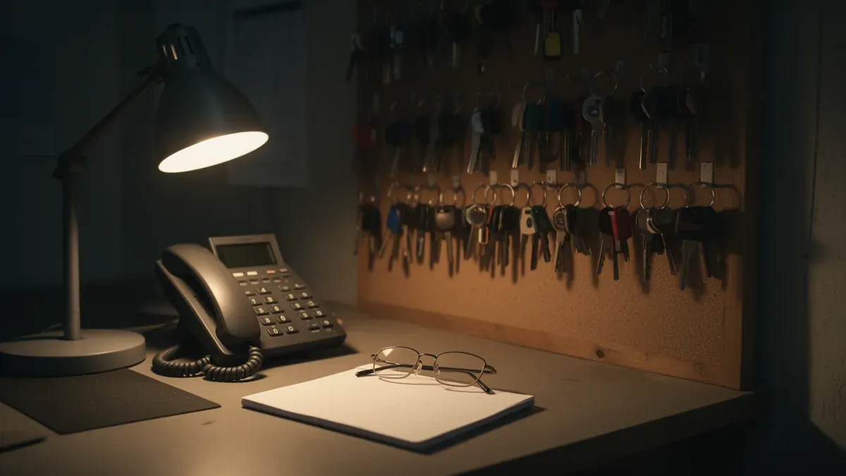 A contractor's office desk at night with a desk lamp, landline phone, notepad and a wall of work keys