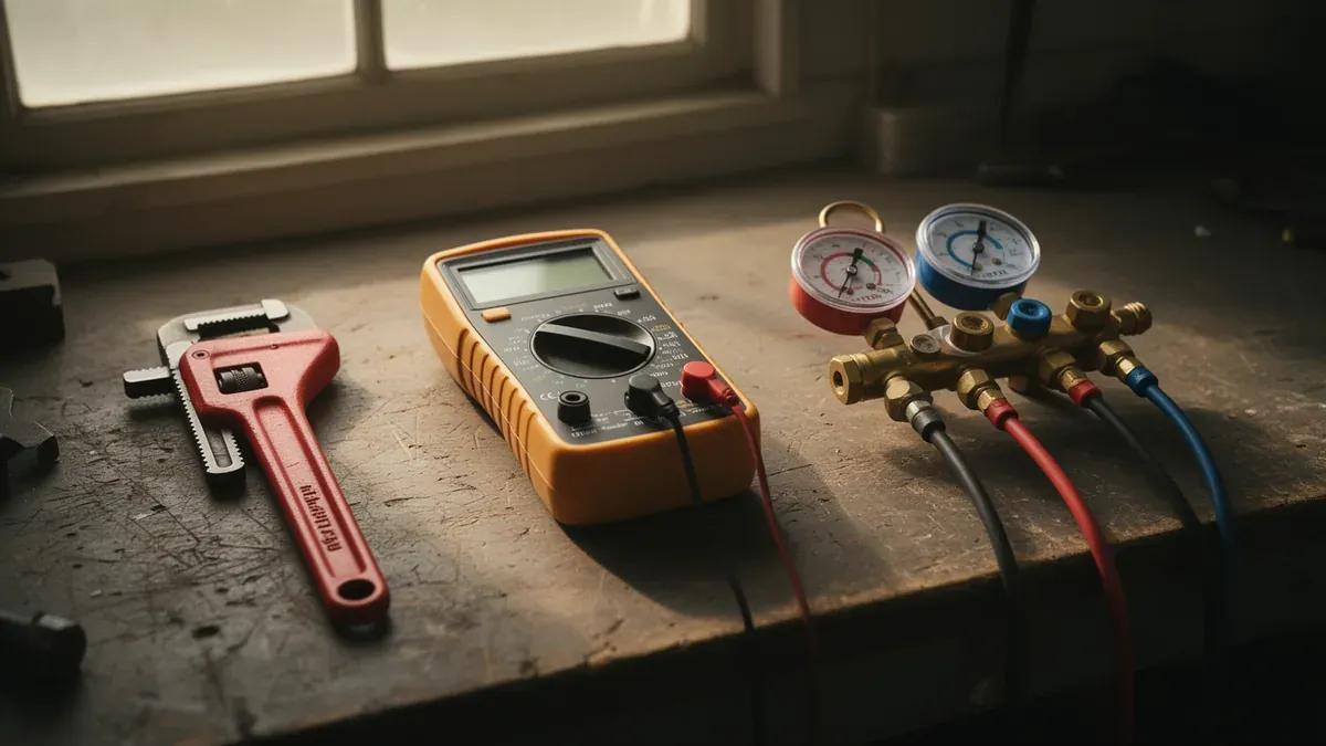 A red pipe wrench, a digital multimeter and an HVAC gauge manifold laid side by side on a workbench