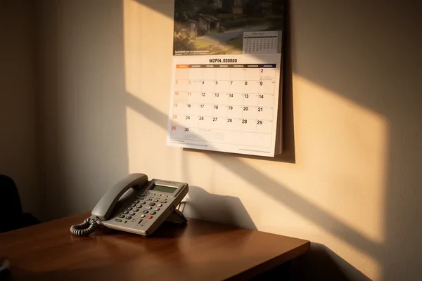 A small back office with a wall calendar and a landline handset on a wooden desk, late afternoon sun across the wall