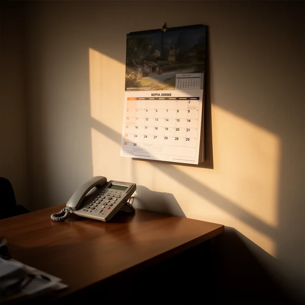 A small back office with a wall calendar and a landline handset on a wooden desk, late afternoon sun across the wall