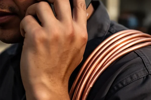 Close crop on a hand pressing a phone to an ear, a coil of copper tubing resting on a shoulder, plain dark work shirt