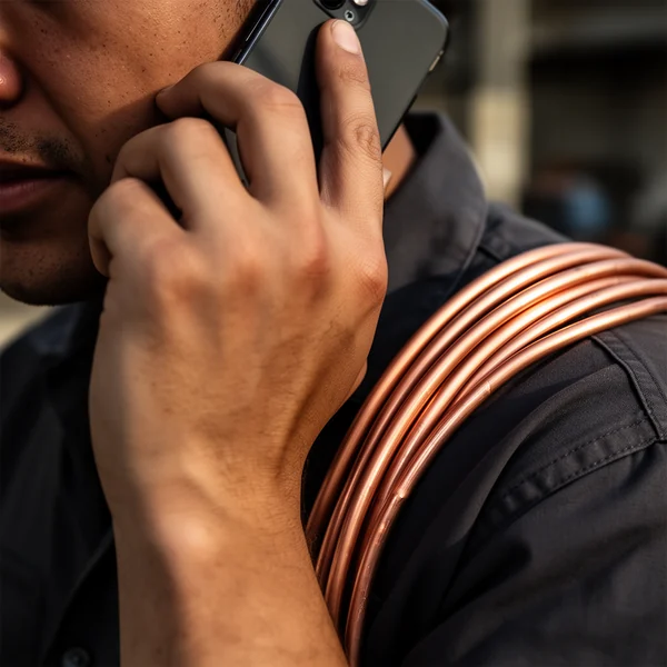 Close crop on a hand pressing a phone to an ear, a coil of copper tubing resting on a shoulder, plain dark work shirt