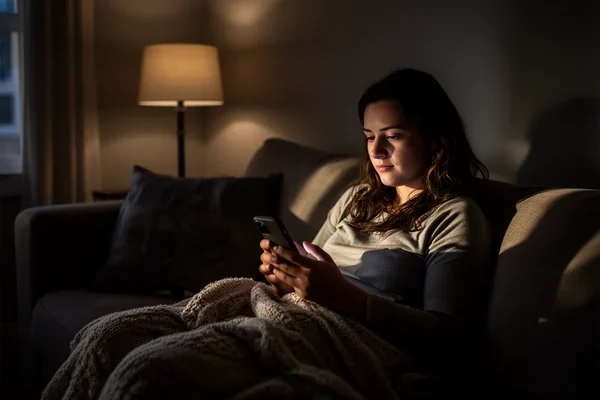 A darkened living room in the evening, a person on a sofa holding a phone, lamp light and a blanket, calm and domestic