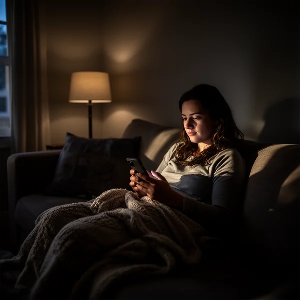 A darkened living room in the evening, a person on a sofa holding a phone, lamp light and a blanket, calm and domestic