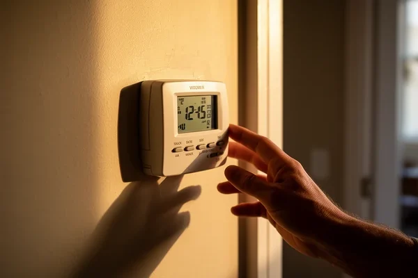 A hallway thermostat on a painted wall, a hand reaching toward it, warm afternoon light from a doorway