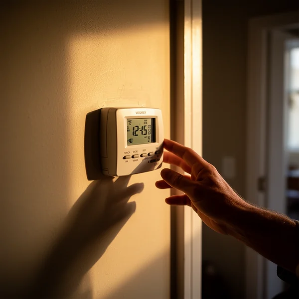 A hallway thermostat on a painted wall, a hand reaching toward it, warm afternoon light from a doorway