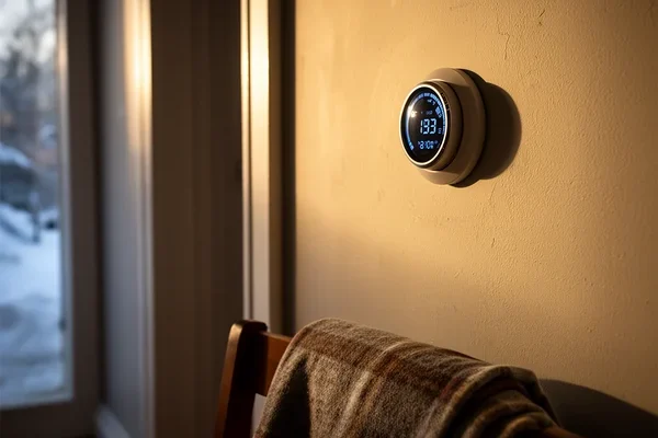 A thermostat on a hallway wall reading a cold number, morning light, a folded blanket over a chair back