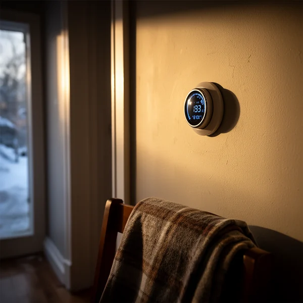 A thermostat on a hallway wall reading a cold number, morning light, a folded blanket over a chair back