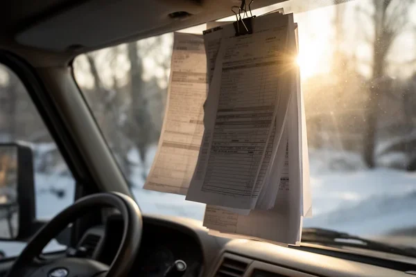 A stack of paper invoices clipped to a truck sun visor, seen from the driver seat, windscreen light
