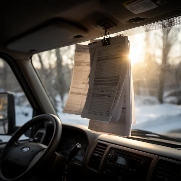 A stack of paper invoices clipped to a truck sun visor, seen from the driver seat, windscreen light