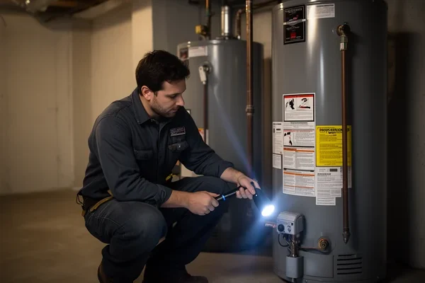 A plumber crouched beside a water heater in a clean basement, flashlight beam across the pressure valve, cool blue shadows