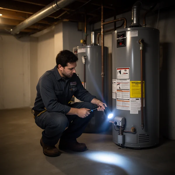 A plumber crouched beside a water heater in a clean basement, flashlight beam across the pressure valve, cool blue shadows