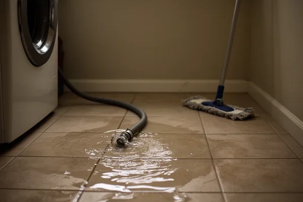 Water spreading across a tiled laundry room floor beside a washing machine hose, overhead light, a mop leaning against the wall