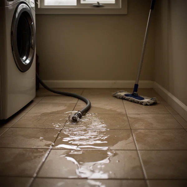 Water spreading across a tiled laundry room floor beside a washing machine hose, overhead light, a mop leaning against the wall