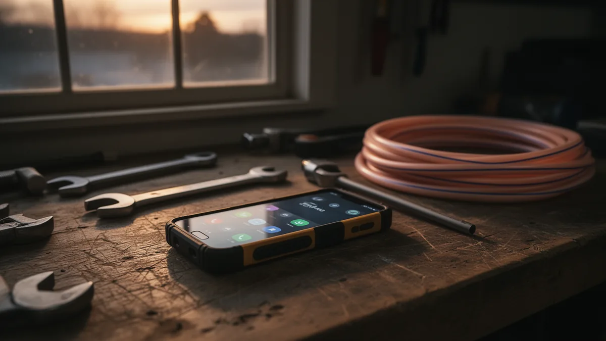 A ringing work smartphone on a scratched workbench among wrenches and PEX tubing at dusk
