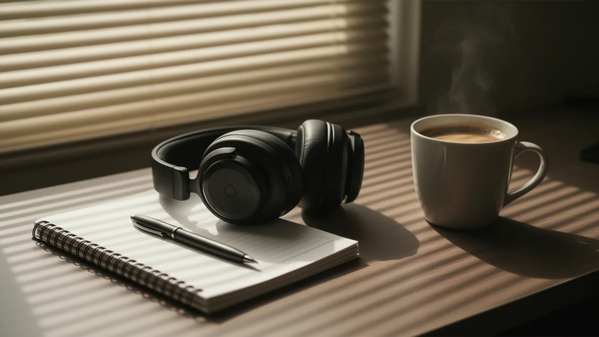 Over-ear headphones on a desk beside a spiral notepad, pen and coffee in striped afternoon light