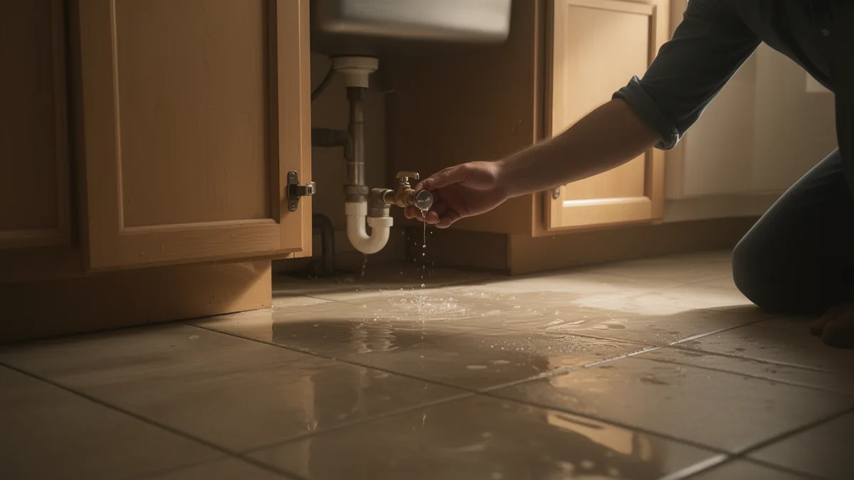 Water pooling on kitchen tile under an open sink cabinet, hand reaching for the shutoff valve