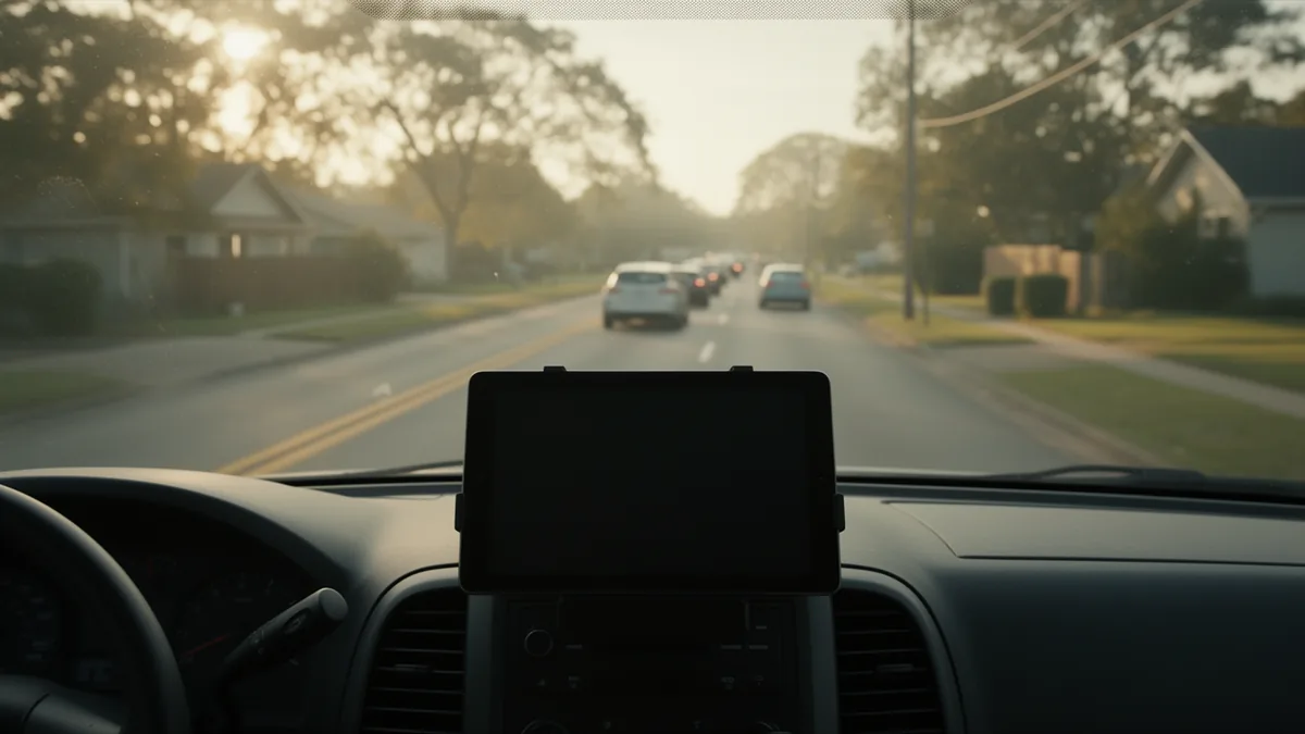 Dark tablet mounted on a service van dashboard, suburban road and morning traffic through the windshield