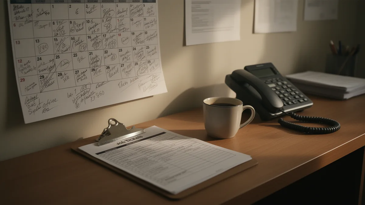 Morning dispatch desk: pencil-marked wall calendar, clipboard of job tickets, coffee mug, landline phone