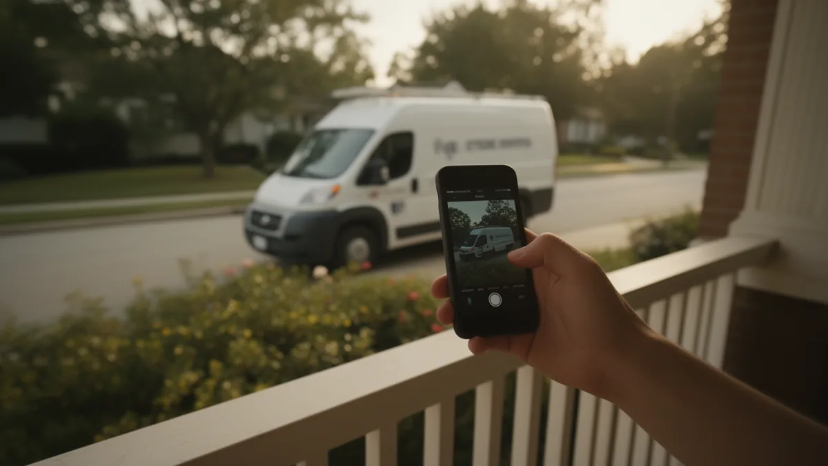 Homeowner's hand holding a smartphone on a sunlit porch, white service van at the curb
