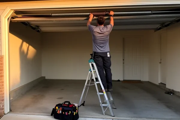 A garage door technician on a step ladder adjusting the torsion spring above an open garage door
