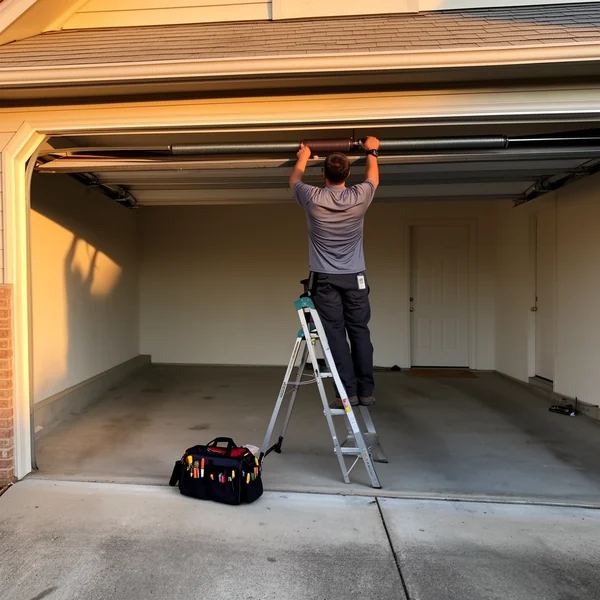 A garage door technician on a step ladder adjusting the torsion spring above an open garage door