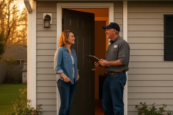 A homeowner and a service technician with a clipboard talking at a front door in the evening