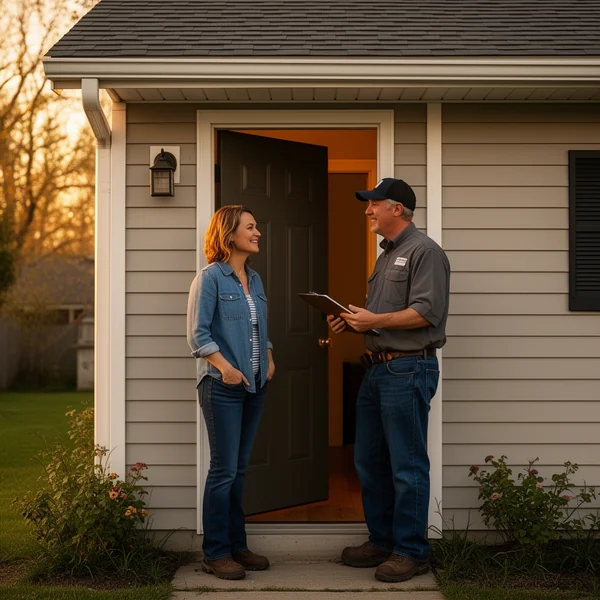 A homeowner and a service technician with a clipboard talking at a front door in the evening