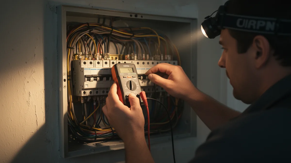 Electrician's hands holding a voltage tester inside an open breaker panel, headlamp lighting bundled wires