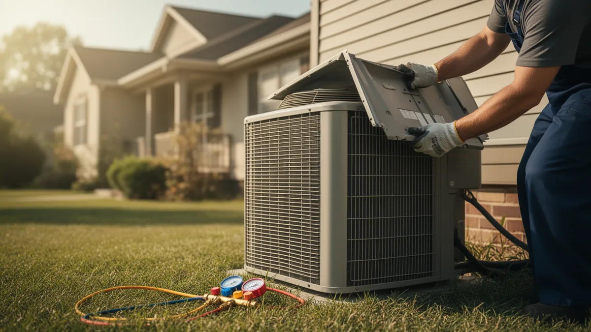 Technician's gloved hands lift the panel off an outdoor AC condenser, gauge manifold on the ground