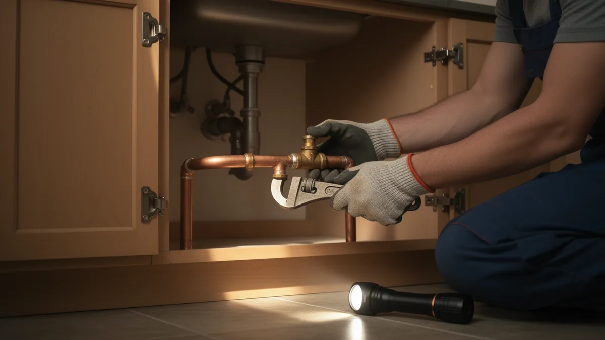 Plumber's gloved hands tightening a copper fitting with a pipe wrench under an open kitchen sink