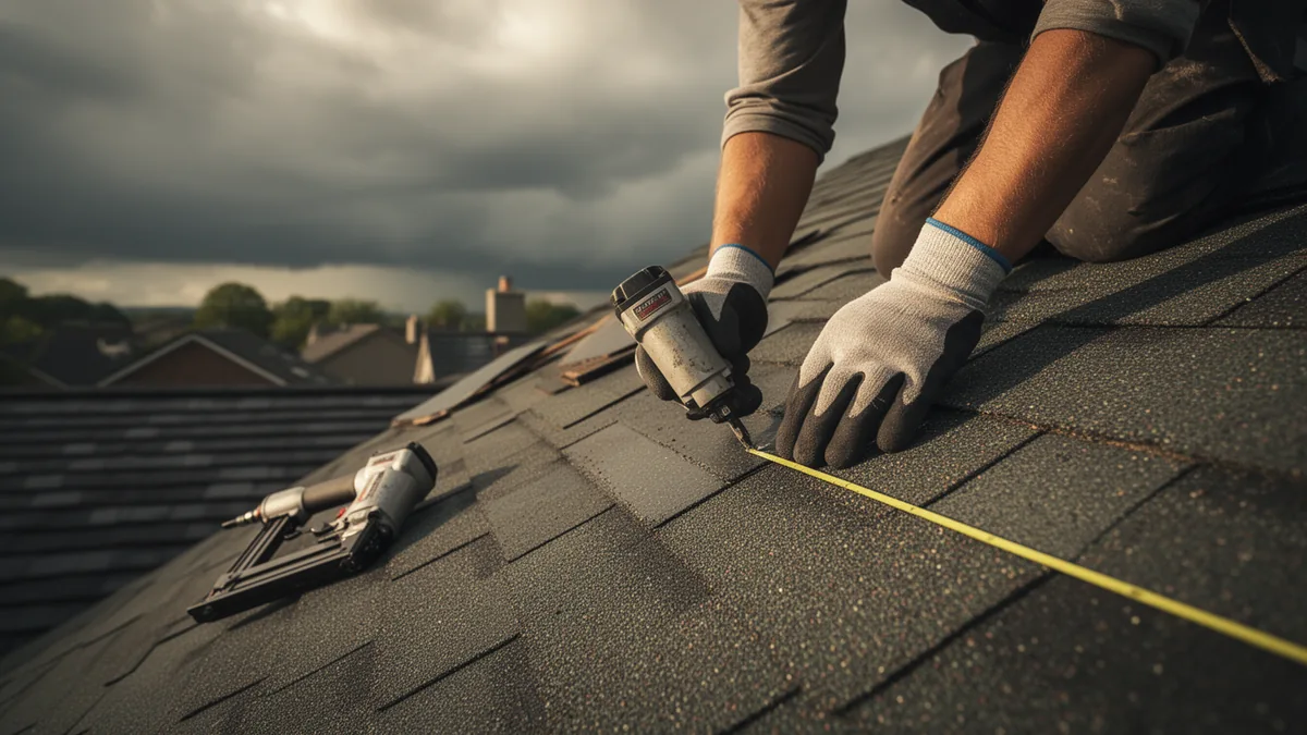 A roofer's gloved hands nailing an asphalt shingle on a steep roof as storm clouds clear