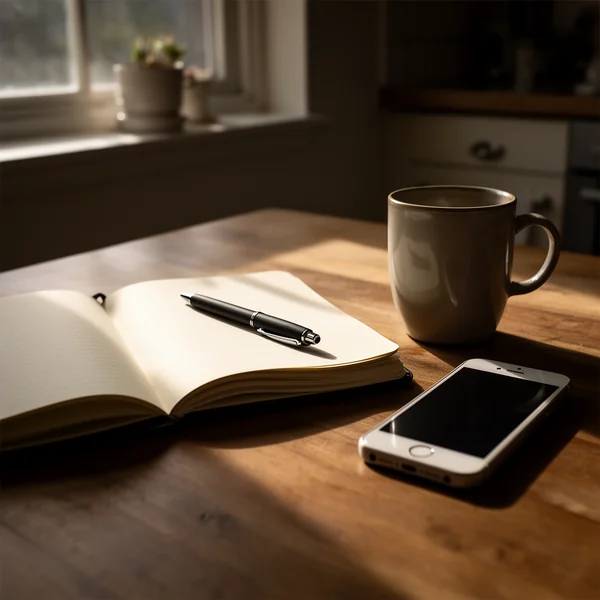 An open notebook and a phone on a kitchen table beside a mug, morning light through a window, a pen resting in the fold