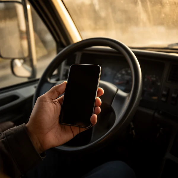 A hand holding a phone against a truck steering wheel, the screen turned away from the camera, warm light through the windscreen