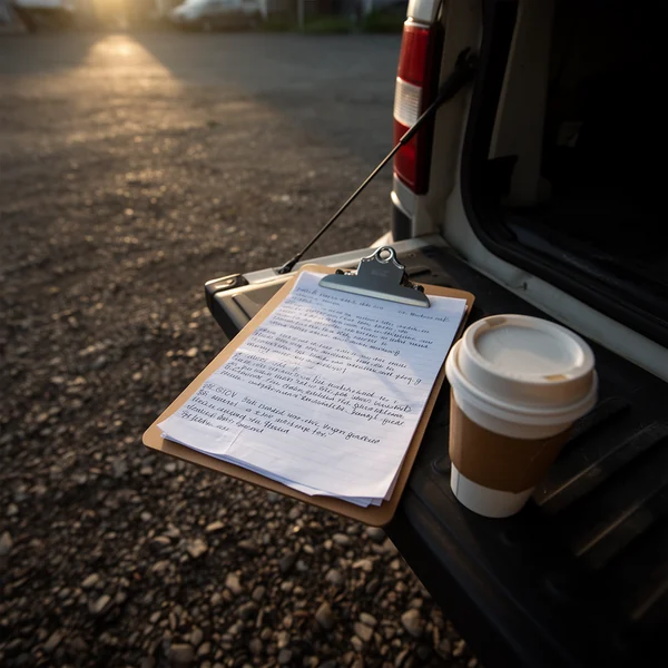 A clipboard of handwritten notes resting on a van tailgate beside a coffee cup, low morning sun, gravel yard behind