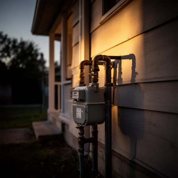 A gas meter and pipework on the side of a house at dusk, warm porch light spilling across the wall