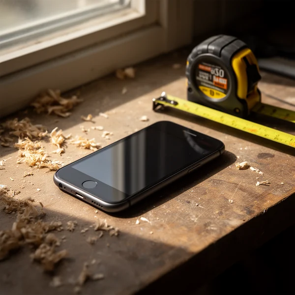 A phone lying face up on a workbench beside a tape measure, screen turned away, soft window light and sawdust