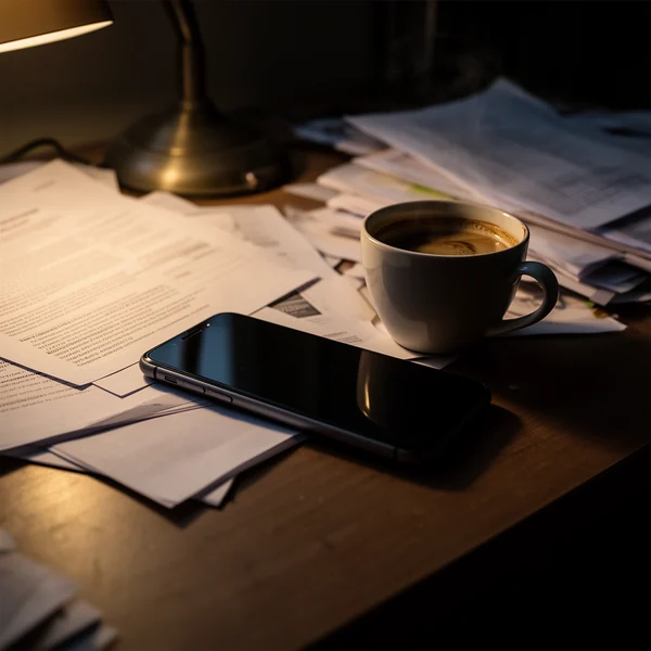 A phone face down on a cluttered desk beside a cold cup of coffee, late evening lamp light, papers pushed aside