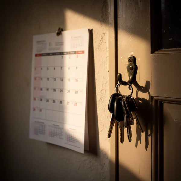 A wall calendar and a set of van keys hanging on a hook by a door, afternoon light across the paint