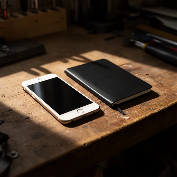 Two phones and a notebook side by side on a workshop bench, screens turned away, hard side light on the wood grain