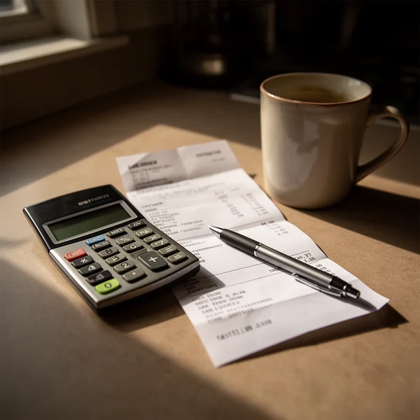 A pocket calculator and a folded invoice on a kitchen table beside a mug, morning light, a pen across the paper