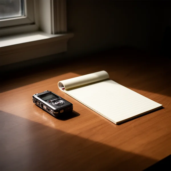 A small audio recorder and a notepad on a plain wooden desk, single window light from the left, quiet and formal