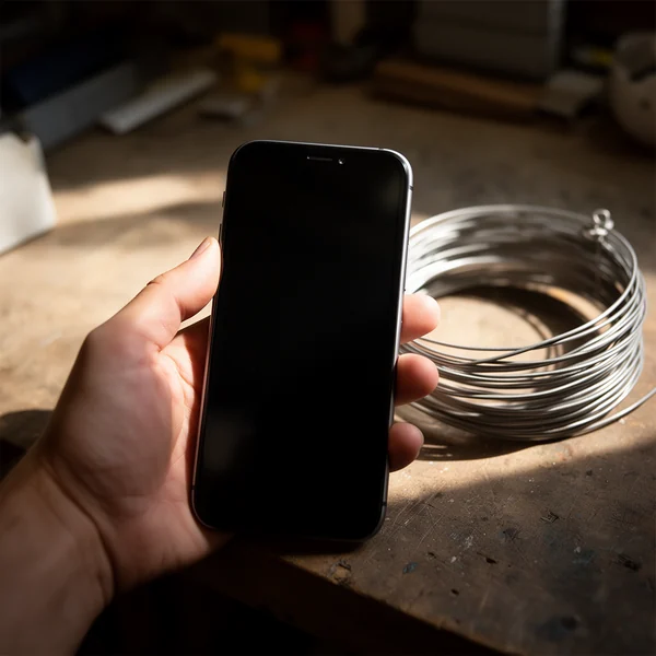 A phone held in one hand over a workbench, screen turned away from the camera, soft daylight and a coil of wire beside it