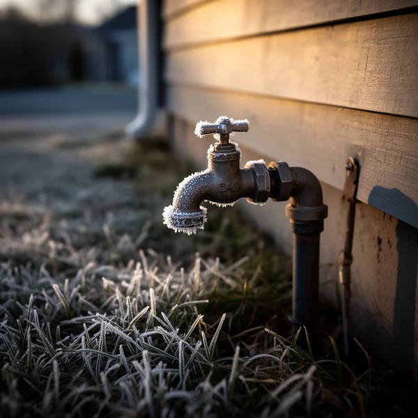 Frost on an outdoor spigot and the pipework beside a house wall at first light, grass stiff with cold
